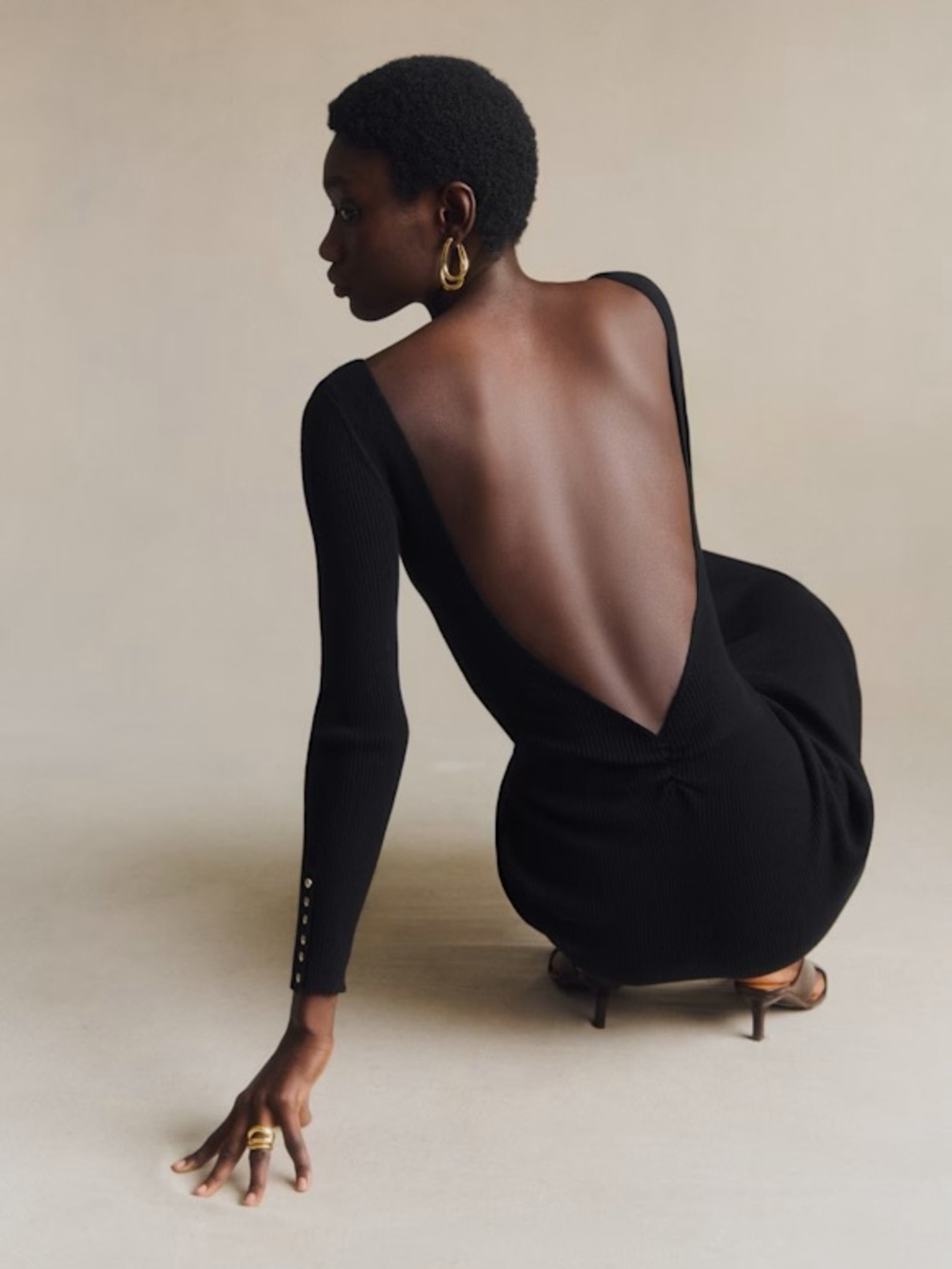 Sezane VIVIANNE Dress- Long Sleeve Merino Wool Backless Midi Dress
